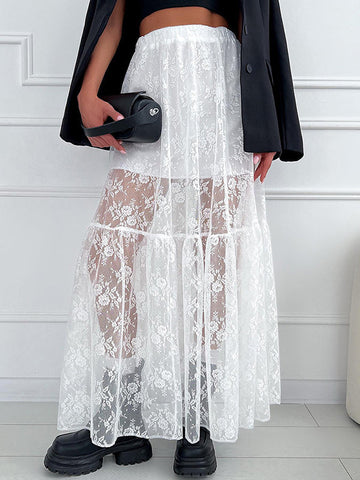 Elasticity See-Through Split-Joint A-Line Loose Skirts Bottoms