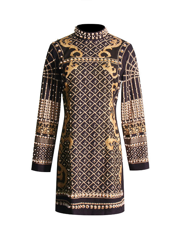 Beaded Long Sleeves High Neck Mini Dresses