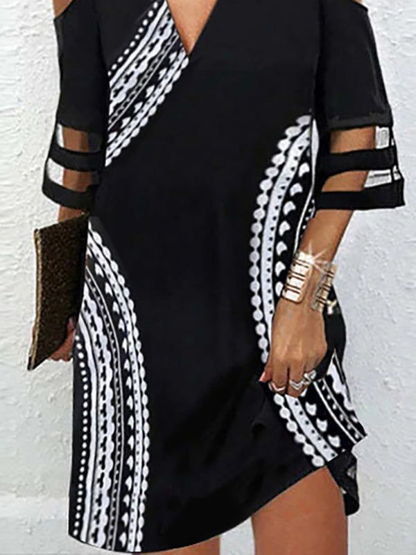 Hollow Mesh Printed Split-Joint Half Sleeves Loose Cold Shoulder Mini Dresses