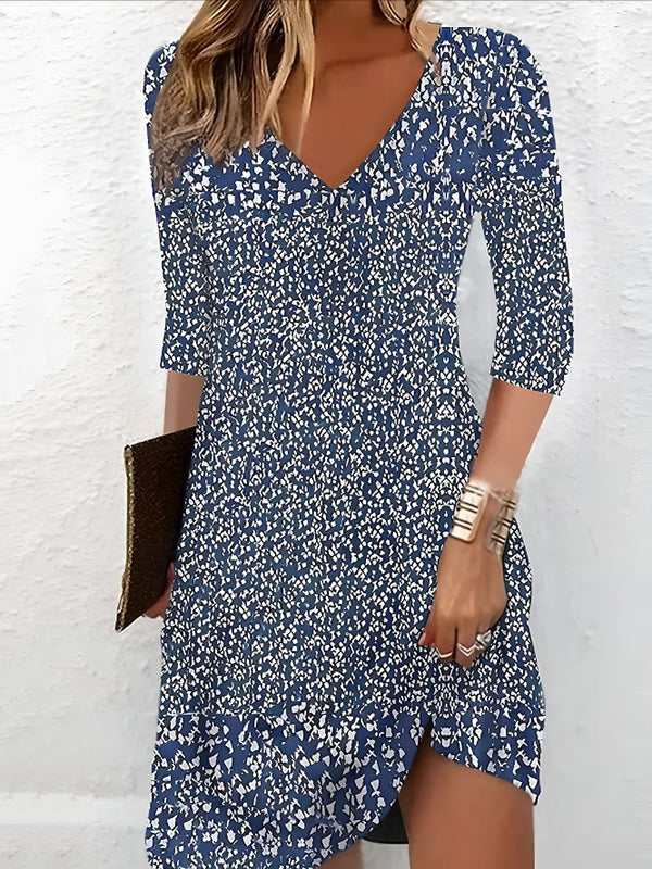 Patterned A-line Relaxed Fit V-neck Mini Dresses