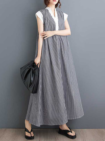 Buttoned Striped Cap Sleeve Loose Lapel Shirt Dress Maxi Dresses