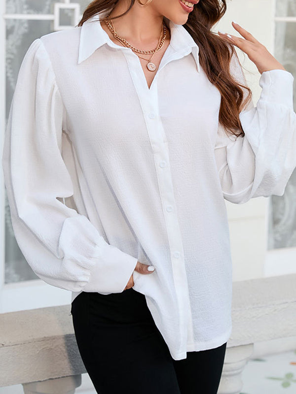 Buttoned Solid Color Split-Joint Long Sleeves Loose Lapel Blouses&Shirts Tops