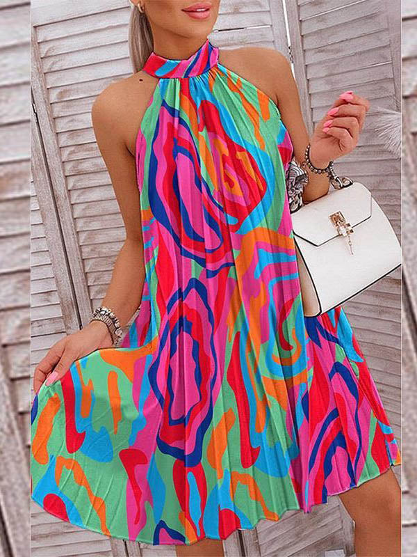 Pleated Printed Loose Plus Size Halter-Neck Mini Dresses