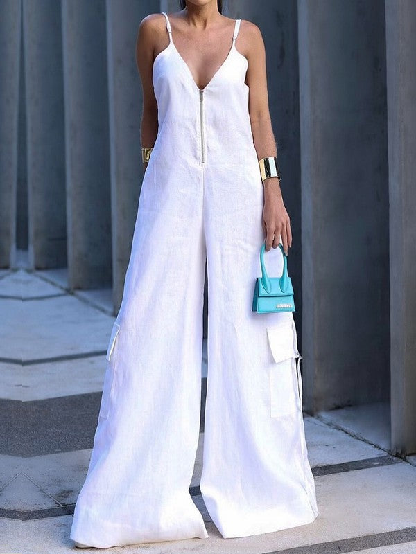 Solid Color Zipper Sleeveless Wide Leg Deep V-Neck Jumpsuits