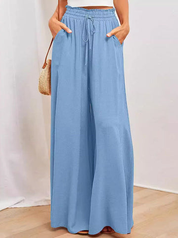 Drawstring Elasticity Pockets Solid Color High Waisted Loose Trousers Pants