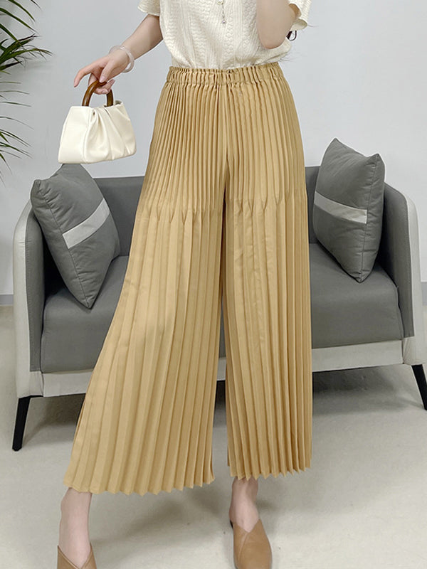 Elasticity Pleated Solid Color Split-Joint High Waisted Loose Trousers Pants