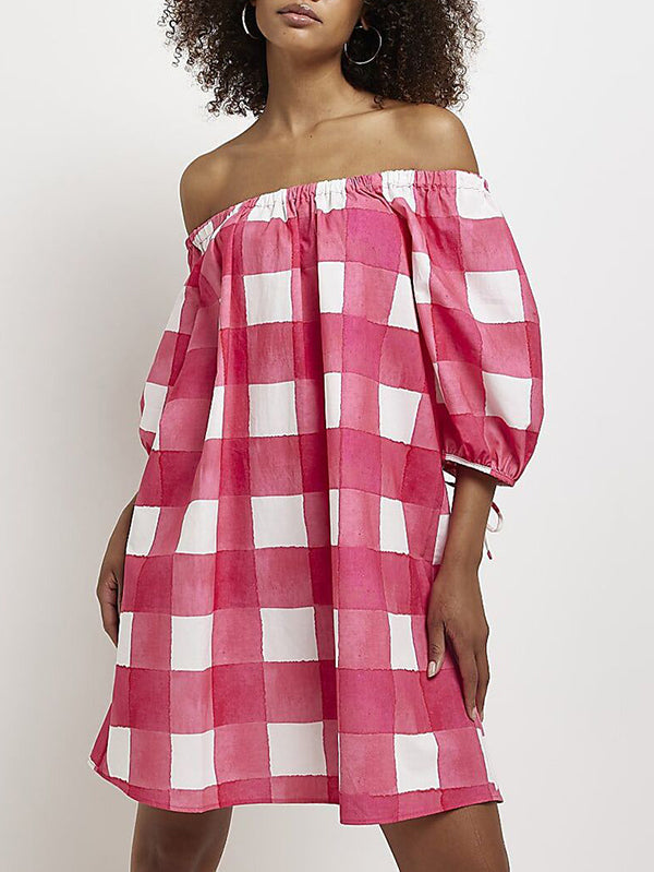 Elasticity Plaid Tied A-Line Half Sleeves Off-The-Shoulder Mini Dresses