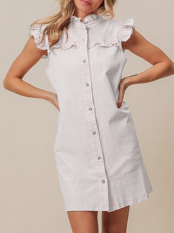 Buttoned Pleated Pockets Split-Joint Loose Ruffle Sleeves Mock Neck Shirt Dress Mini Dresses