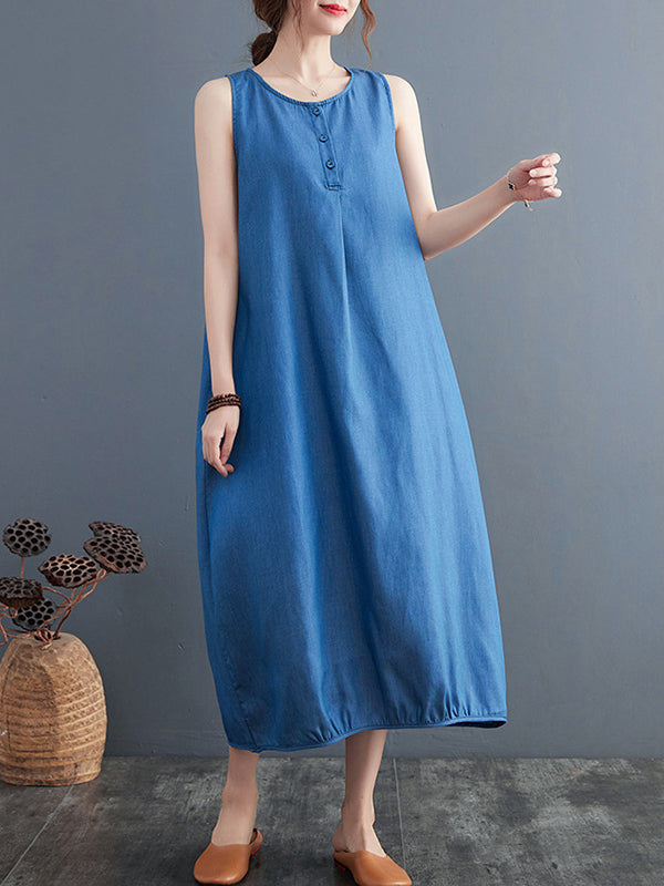 Buttoned Pleated Solid Color A-line Loose Round-neck Midi Dresses