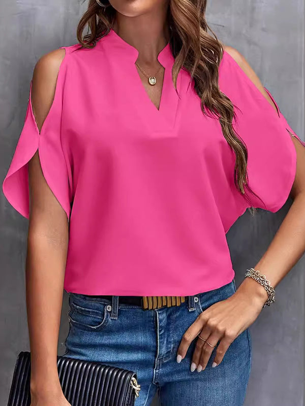 Hollow Solid Color Half Sleeves Loose Cold shoulder T-Shirts Tops