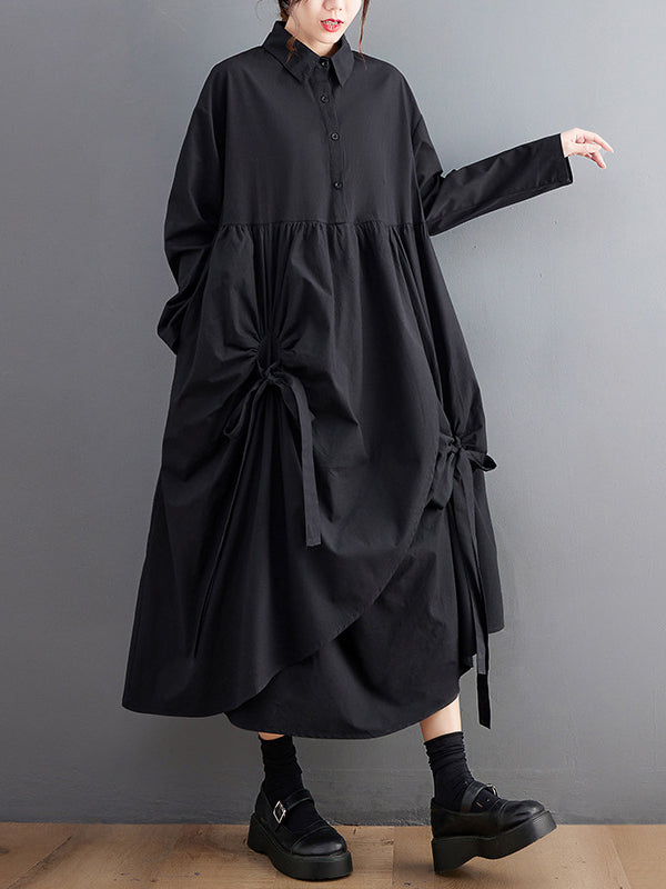 Buttoned Pleated Pockets Solid Color Tied A-Line Long Sleeves Lapel Shirt Dress Midi Dresses