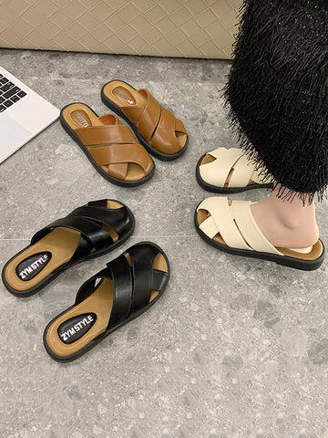 Hollow Round-Toe Split-Joint Slippers&Mules