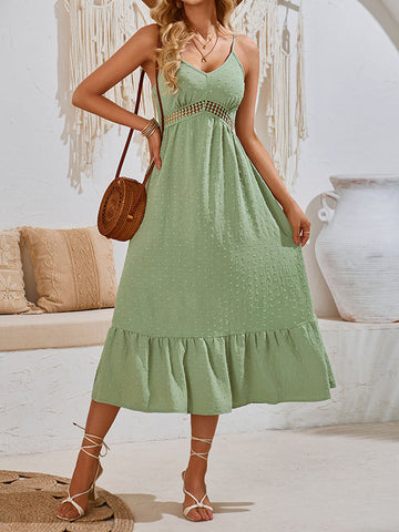 Hollow Jacquard Pleated Solid Color Split-Joint A-Line Loose Spaghetti-Neck Midi Dresses