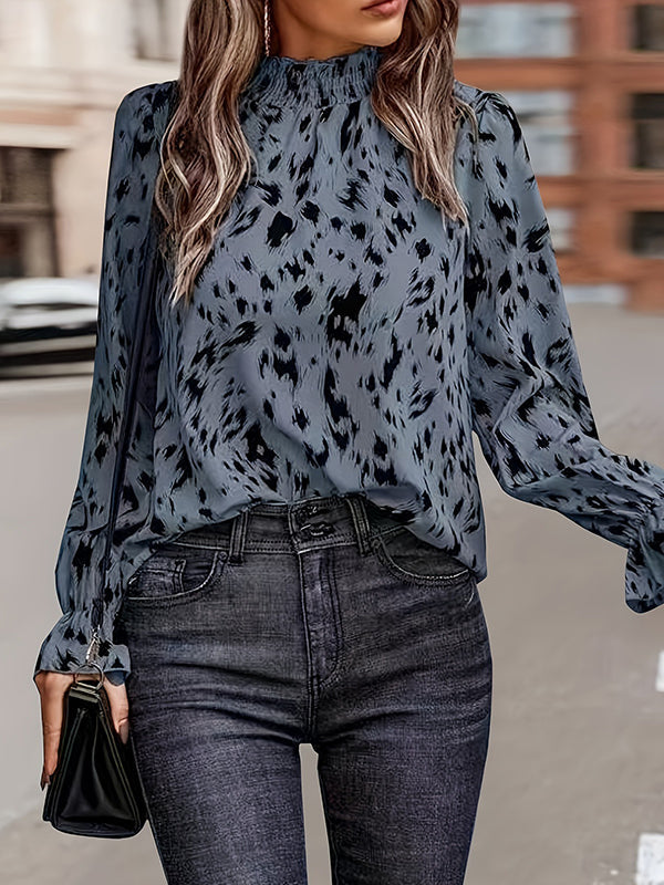 Elasticity Pleated Printed Flared Sleeves Long Sleeves Mock Neck Blouses&Shirts Tops