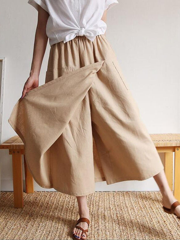 Asymmetric Elasticity Pockets Solid Color Split-Front Split-Joint Loose Wide Leg Trousers Pants