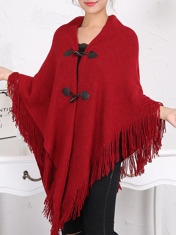 Buttoned Keep Warm Tasseled Velvet Loose Shawl&Scarf