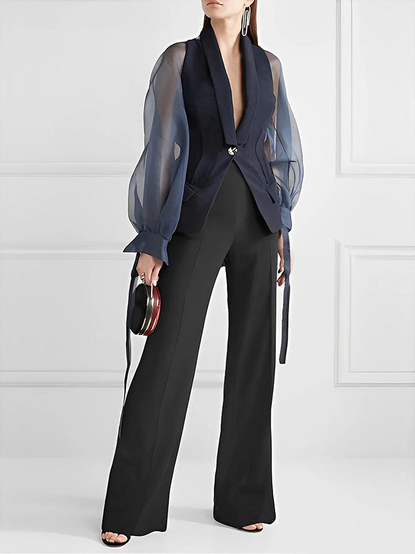 High-Waisted Solid Color Split-Joint Straight Leg Trousers Suit Pants