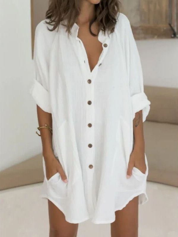 Buttoned Pockets Long Sleeves Roomy Lapel Shirt Dress Mini Dresses