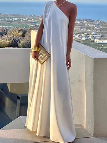 Asymmetric Solid Color Split-Joint Loose One-Shoulder Maxi Dresses