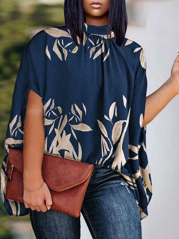 Pleated Printed Batwing Sleeves Half Sleeves Mock Neck Blouses&shirts Tops