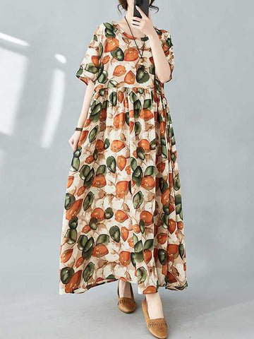 Pleated Printed Split-Joint Half Sleeves Loose Round-Neck Midi Dresses