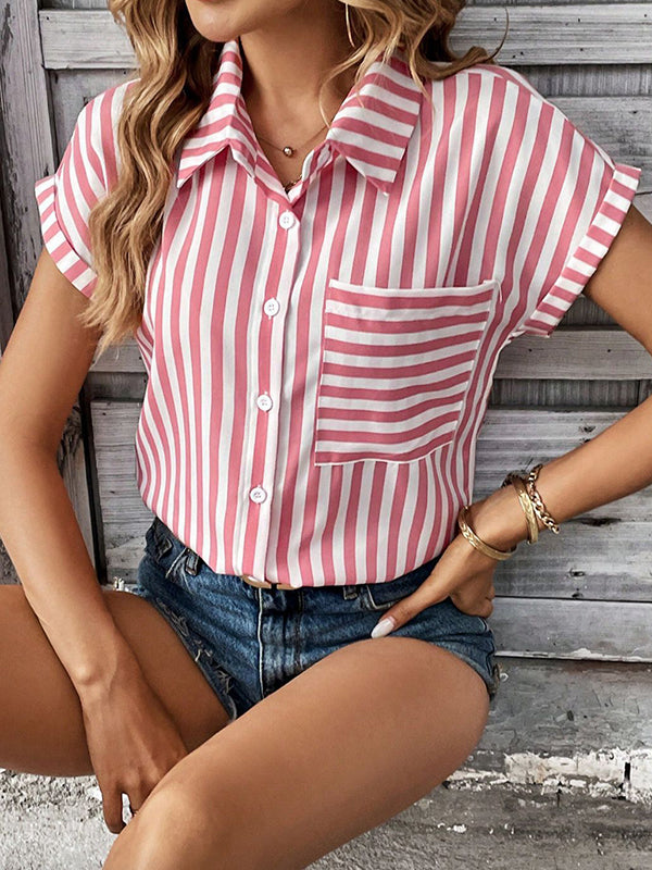 Contrast Color Split-Joint Striped Patterns Loose Short Sleeves Lapel Blouses&Shirts Tops