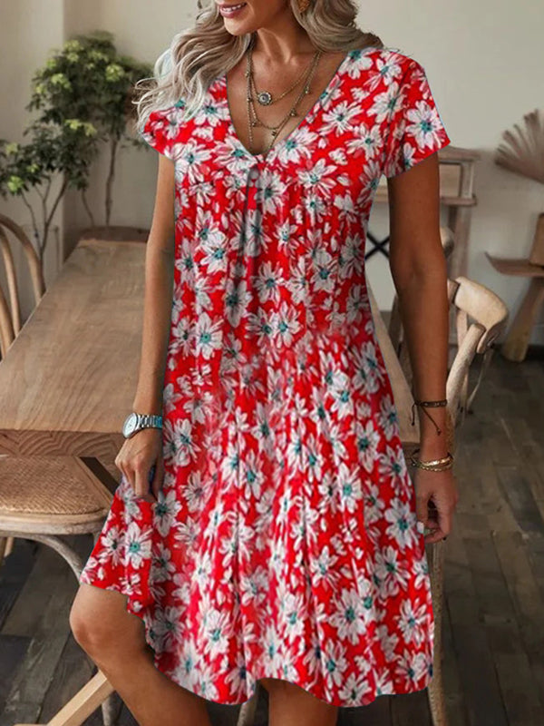 Flower Print Roomy Short Sleeves V-neck Mini Dresses