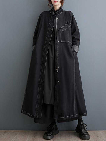 Buttoned Pockets Split-Joint Long Sleeves Loose Stand Collar Trench Coats Outerwear