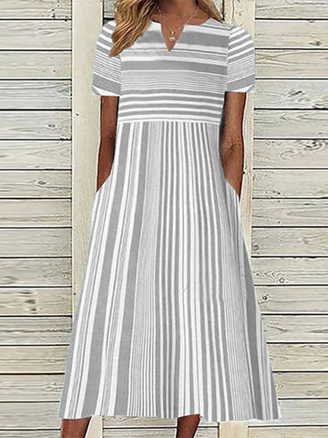 Pockets Striped A-line Roomy V-neck Midi Dresses