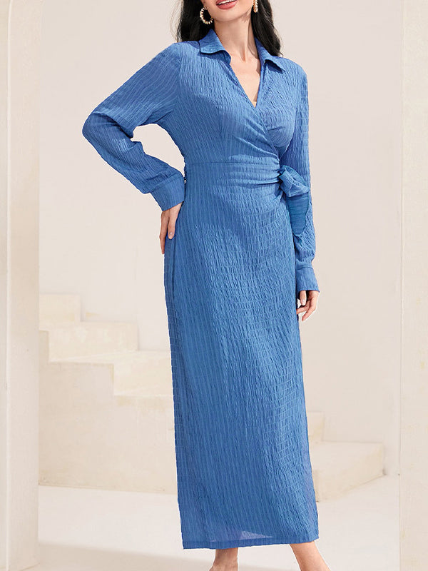 Asymmetric Solid Color Tied Long Sleeves Loose Lapel Maxi Dresses