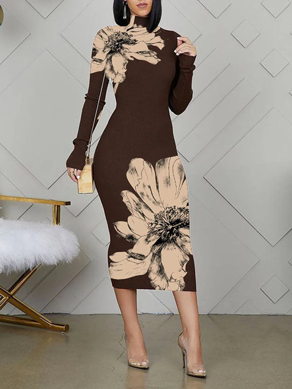 Flower Print Bodycon Long Sleeves High Neck Midi Dresses