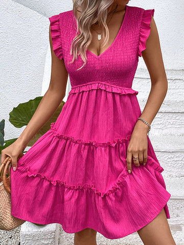 Pleated Ruffle Trim Solid Color Split-Joint Loose Sleeveless Deep V-Neck Mini Dresses