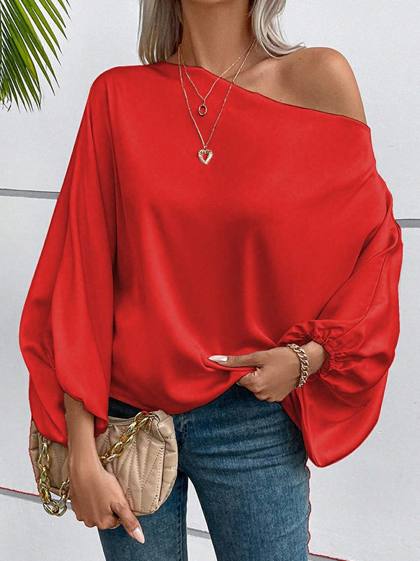 Solid Color Long Sleeves Loose One-Shoulder Blouses&Shirts Tops