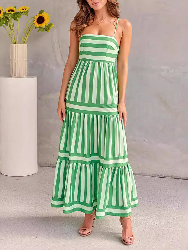 Pleated Split-Joint Striped Loose Sleeveless Spaghetti-Neck Maxi Dresses