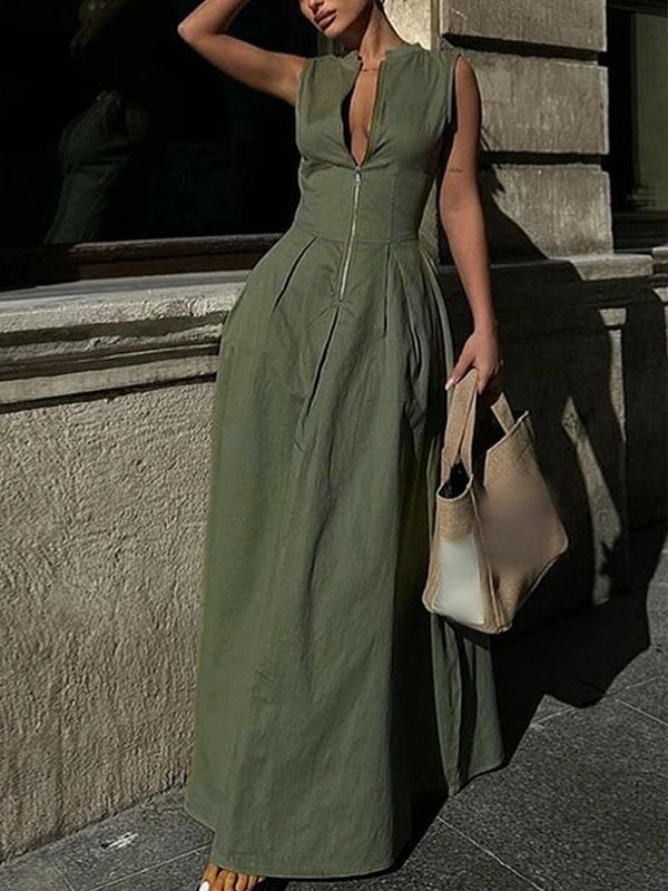 Pleated Pockets Solid Color Zipper A-line Sleeveless Round-neck Maxi Dresses