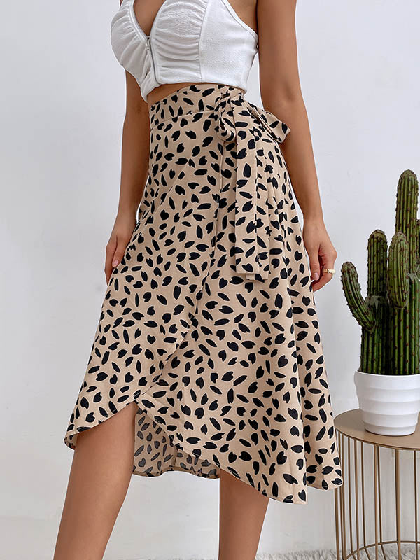 Printed Split-Front Tied Waist A-Line High-Low Skirts Bottoms