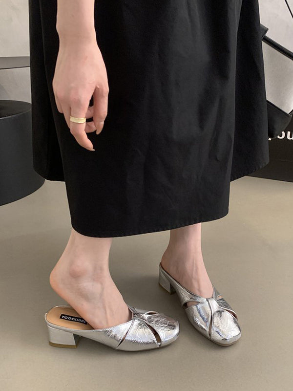 Hollow Round-Toe Shiny Slippers&Mules Pumps