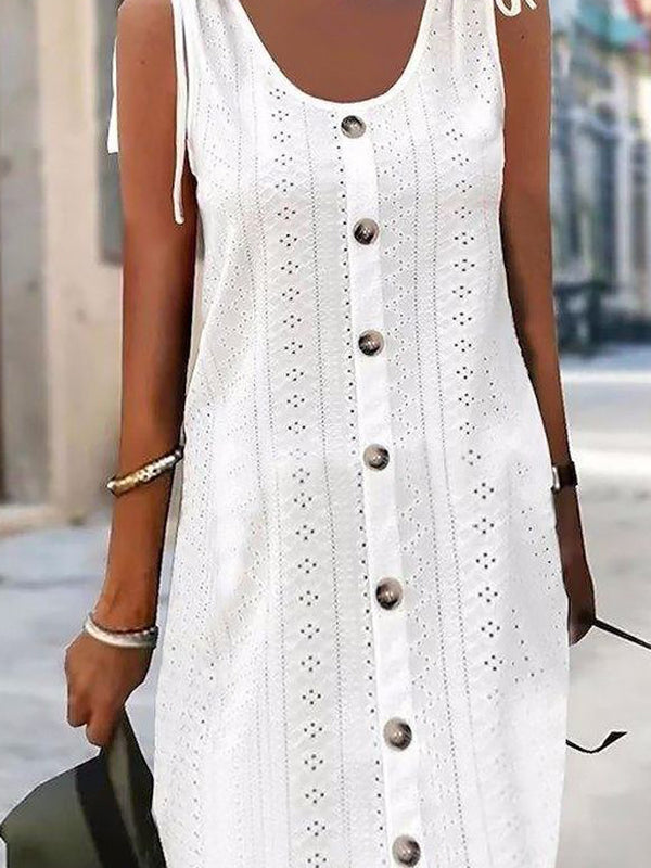 Buttoned Hollow Tied Roomy Sleeveless Round-Neck Mini Dresses