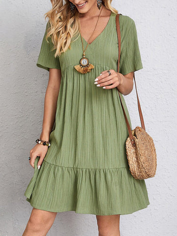 Pleated Solid Color Split-Joint A-line Loose V-neck Mini Dresses