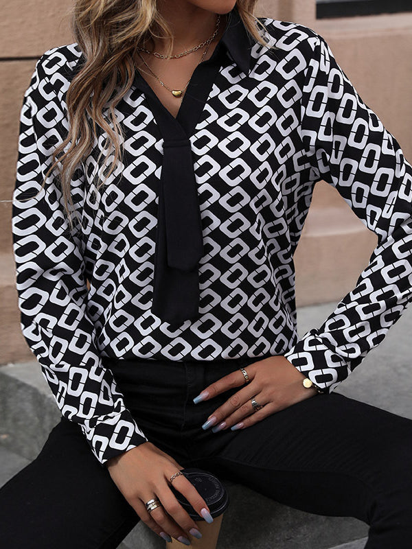 Printed Long Sleeves Loose Lapel Blouses&Shirts Tops