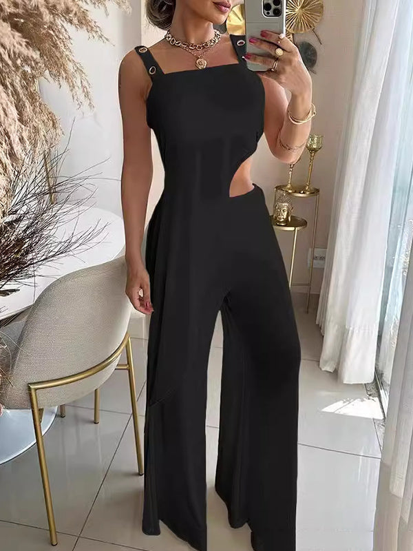 Asymmetric Roomy Sleeveless Hollow Collarless  Vest Top + Wide Leg Pants Bottom Two Pieces Set