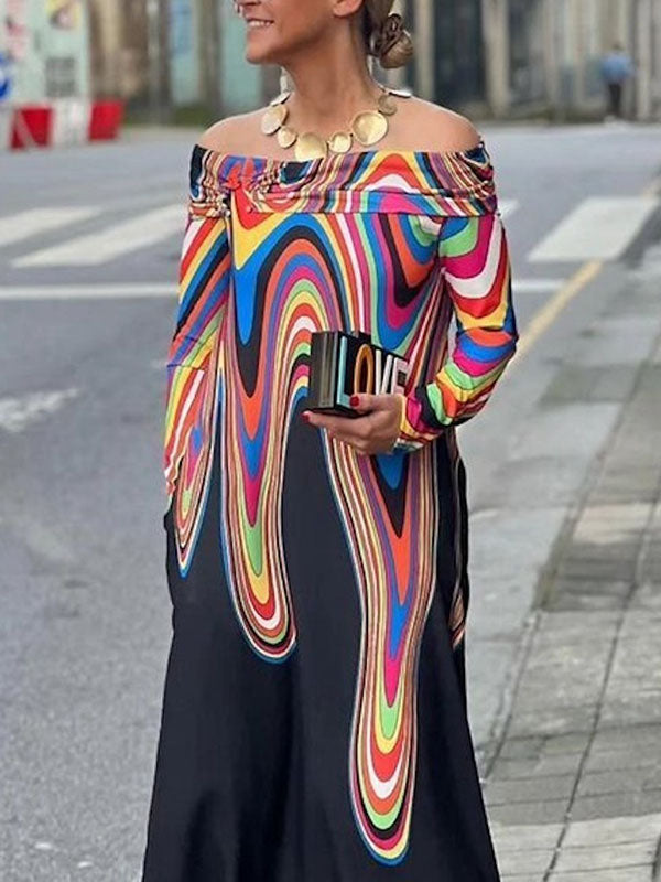 Colorful Contrast Color Printed Long Sleeves Off-The-Shoulder Maxi Dresses