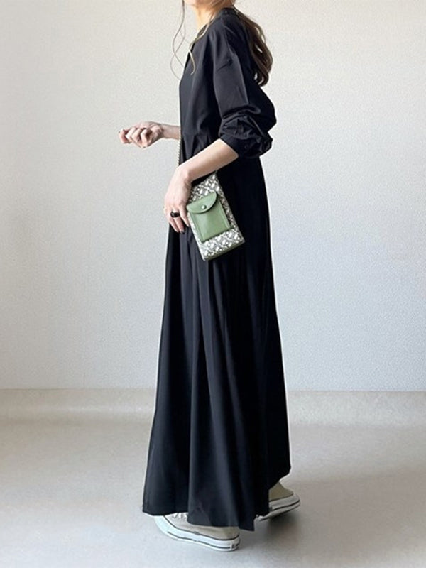 Pleated Solid Color Split-Joint Long Sleeves Loose Round-Neck Shirt Dress Maxi Dresses