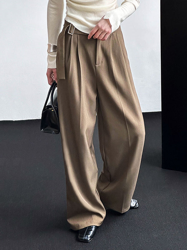 Belt Buckle Solid Color High Waisted Loose Trousers Suit Pants