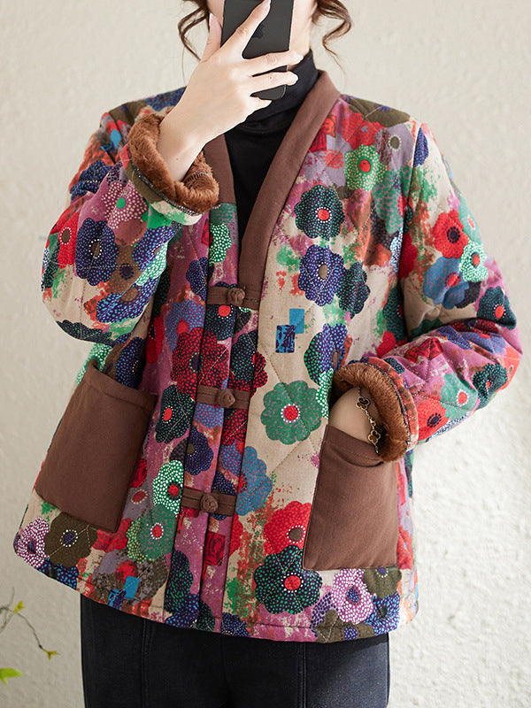 Buttoned Flower Print Pockets Split-Joint Velvet Long Sleeves Loose V-Neck Padded Coat Outerwear