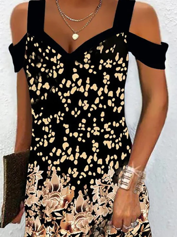 Flower Print Hollow A-Line High Waisted Cold Shoulder Mini Dresses