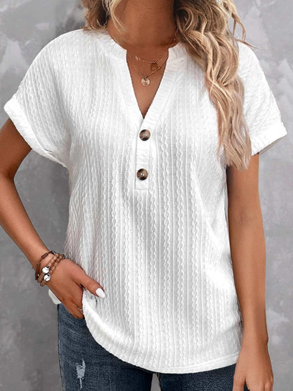 Buttoned Jacquard Split-Joint Batwing Sleeves Loose V-Neck T-Shirts Tops