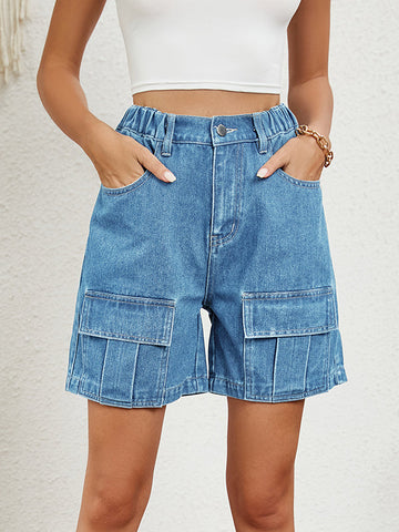 Elasticity Pockets Split-Joint High Waisted Relaxed Fit Denim Shorts