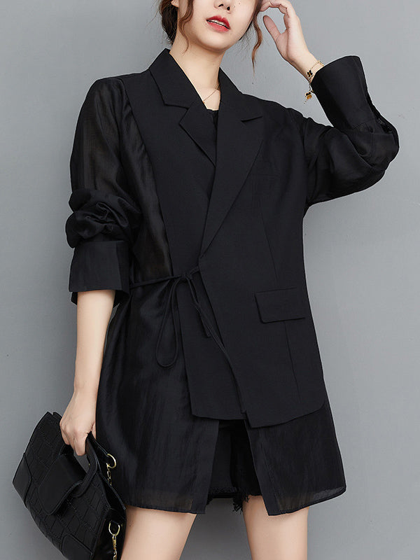 Buttoned Mesh Pockets Solid Color Split-Joint Sun Protection Tied Waist False Two Long Sleeves Notched Collar Outerwear Blazer