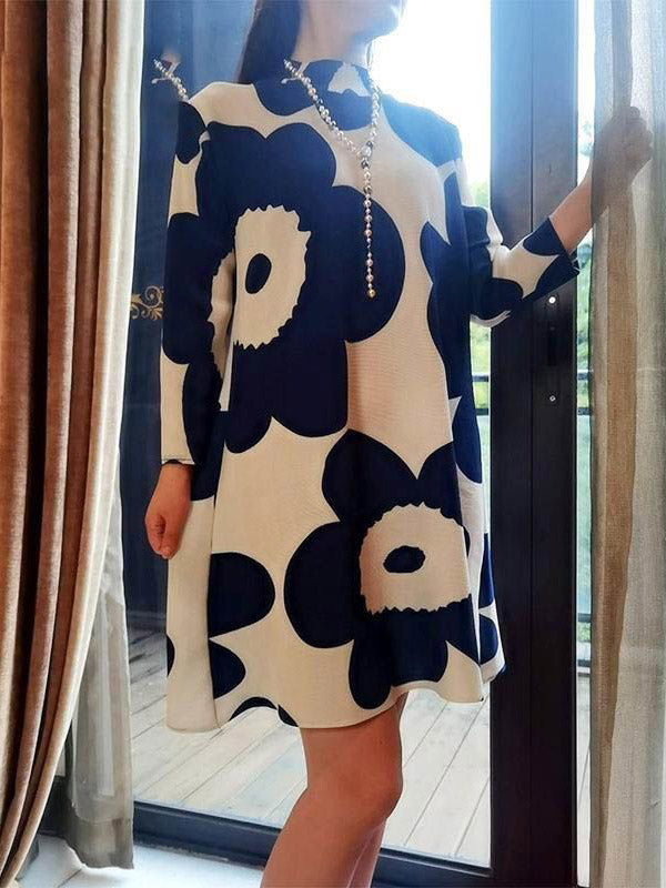 Flower Print Pleated Long Sleeves Loose Mock Neck Mini Dresses